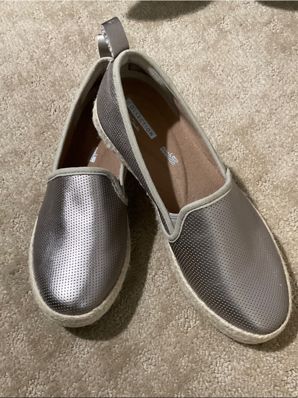 Clarks Metallic Taupe Perforated Slip-On Espadrilles